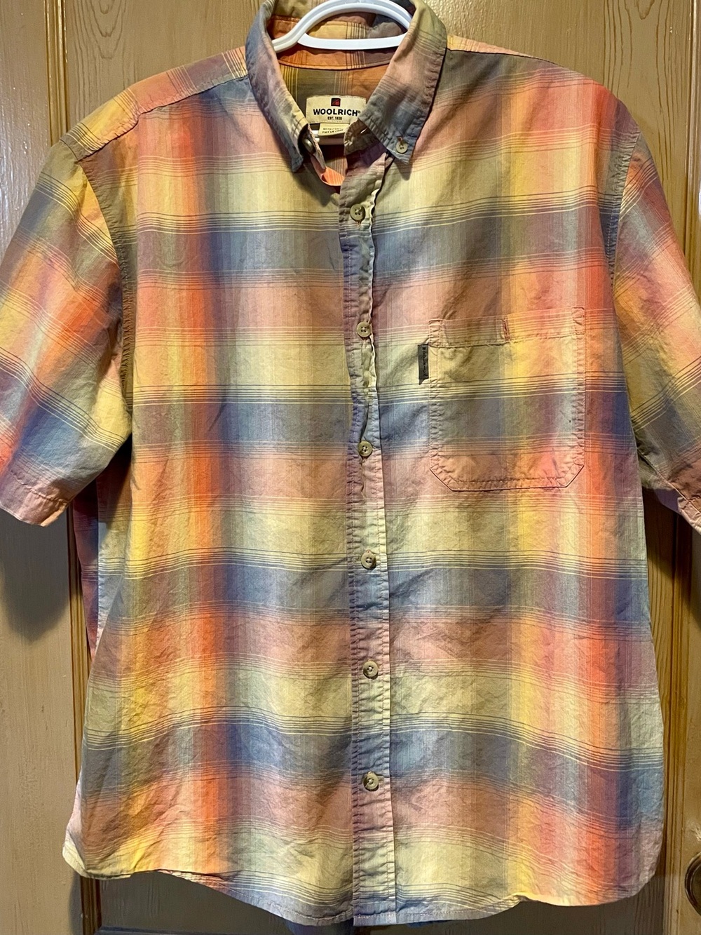 Woolrich Men's Short-Sleeve Plaid Button-Down Shirt — Yellow, Blue, Orange